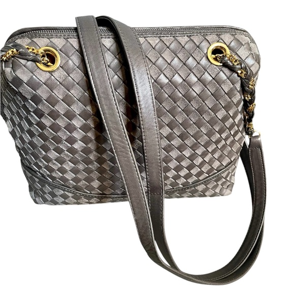 Bally Gray Woven Leather & Suede Vintage Intrecciato Double Strap Shoulder Bag - Picture 9 of 14